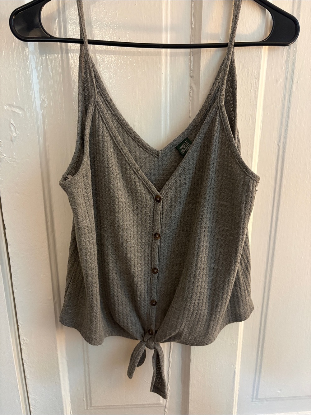 Waffle Knit Tie-Front Cami Tank Top - Gray
